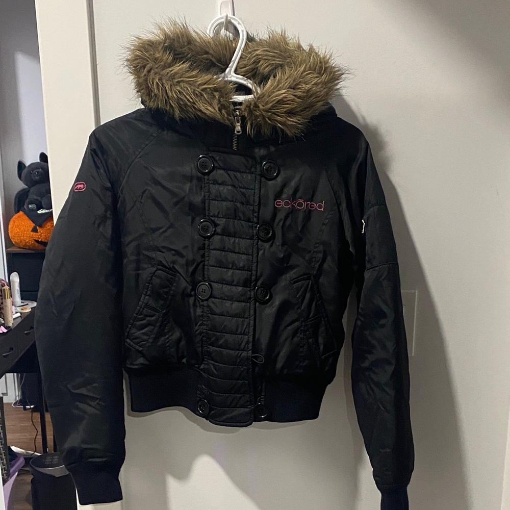 Eckored Unlimited Women's Black Bomber Jacket with Faux Fur Hood